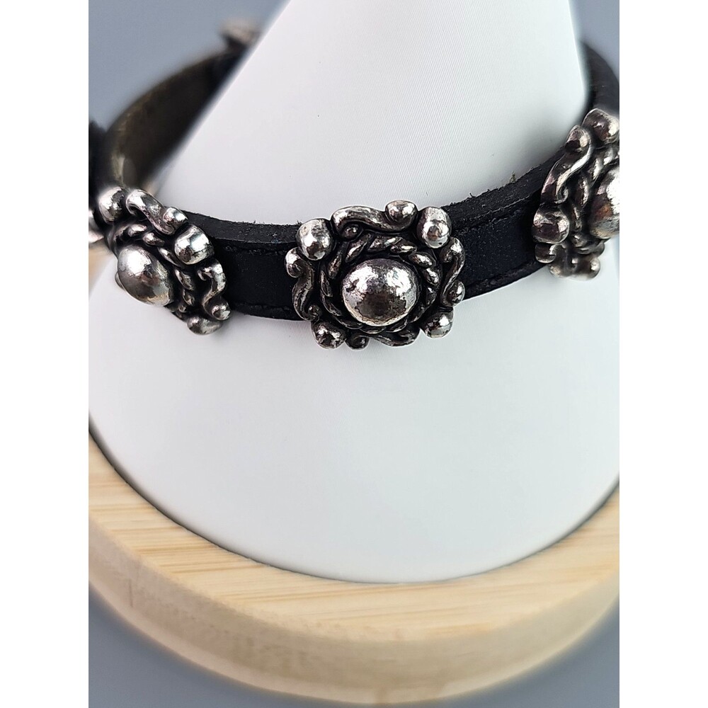 Vintage Black Leather Type Bracelet Concho Style Medallions Silver Tone Boho